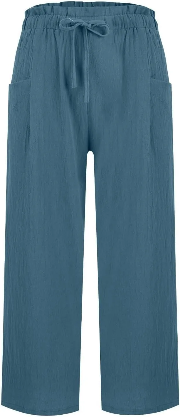 Womens Pants Ruffle Waist Cotton Linen Wide Leg Pants Drawstring Loose Fit Pant with Pocket Summer Beach Trousers