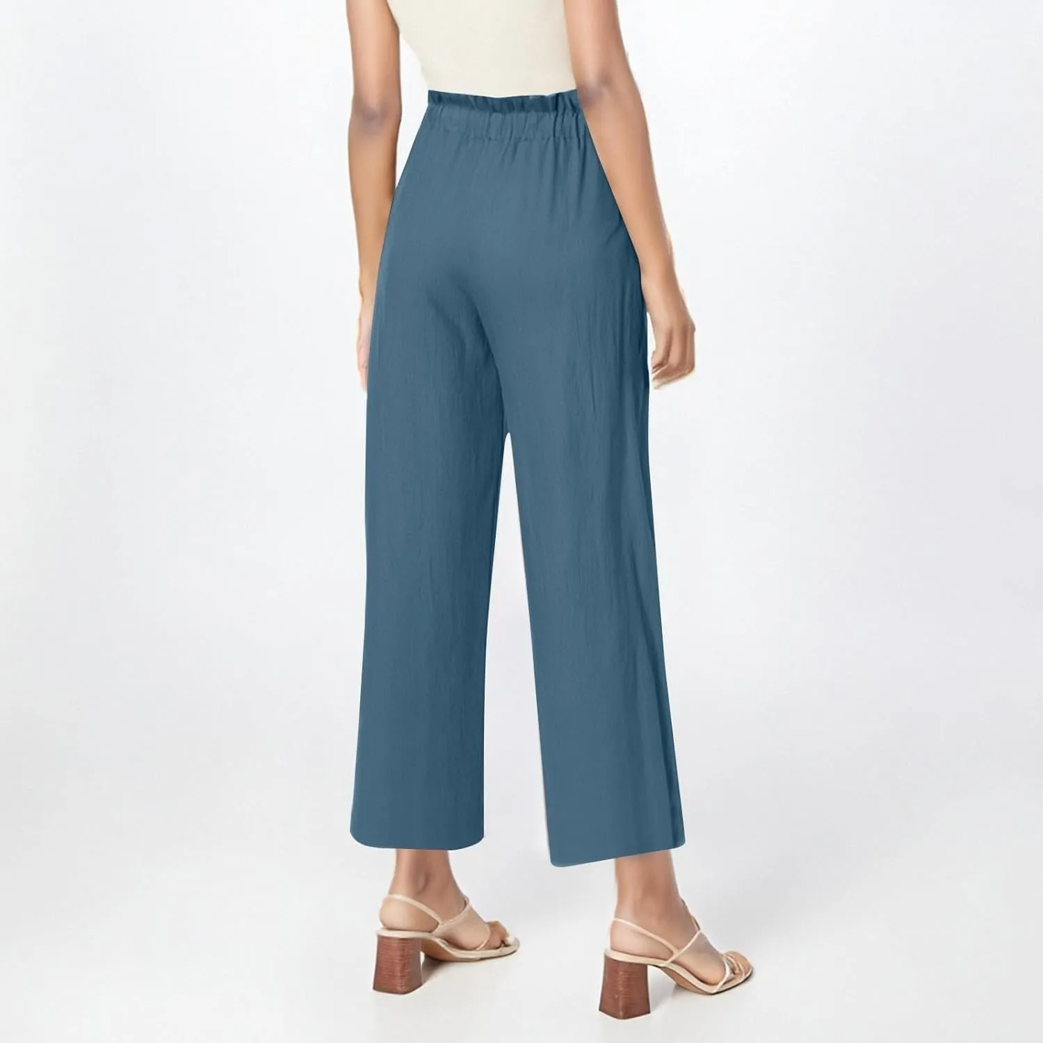 Womens Pants Ruffle Waist Cotton Linen Wide Leg Pants Drawstring Loose Fit Pant with Pocket Summer Beach Trousers