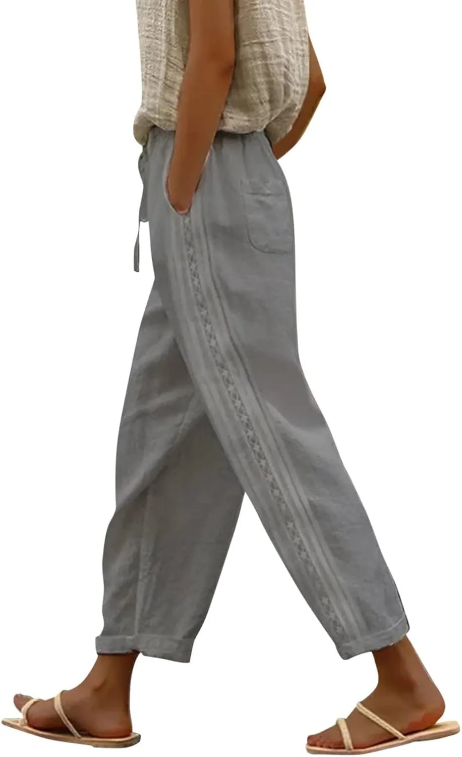 Womens Pants, Straight Leg Linen Casual Pants Print Peasant Elastic Waisted Cotton