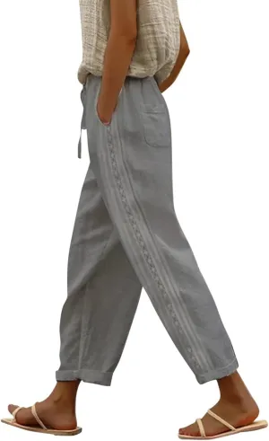 Womens Pants, Straight Leg Linen Casual Pants Print Peasant Elastic Waisted Cotton