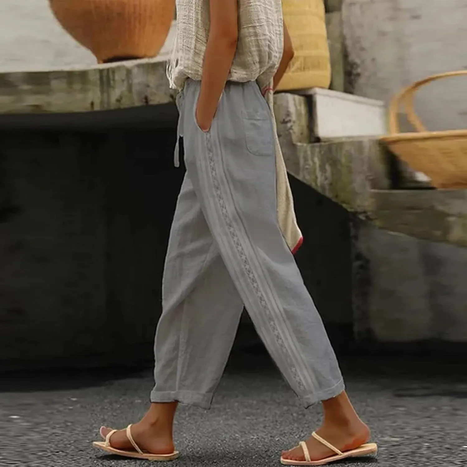 Womens Pants, Straight Leg Linen Casual Pants Print Peasant Elastic Waisted Cotton