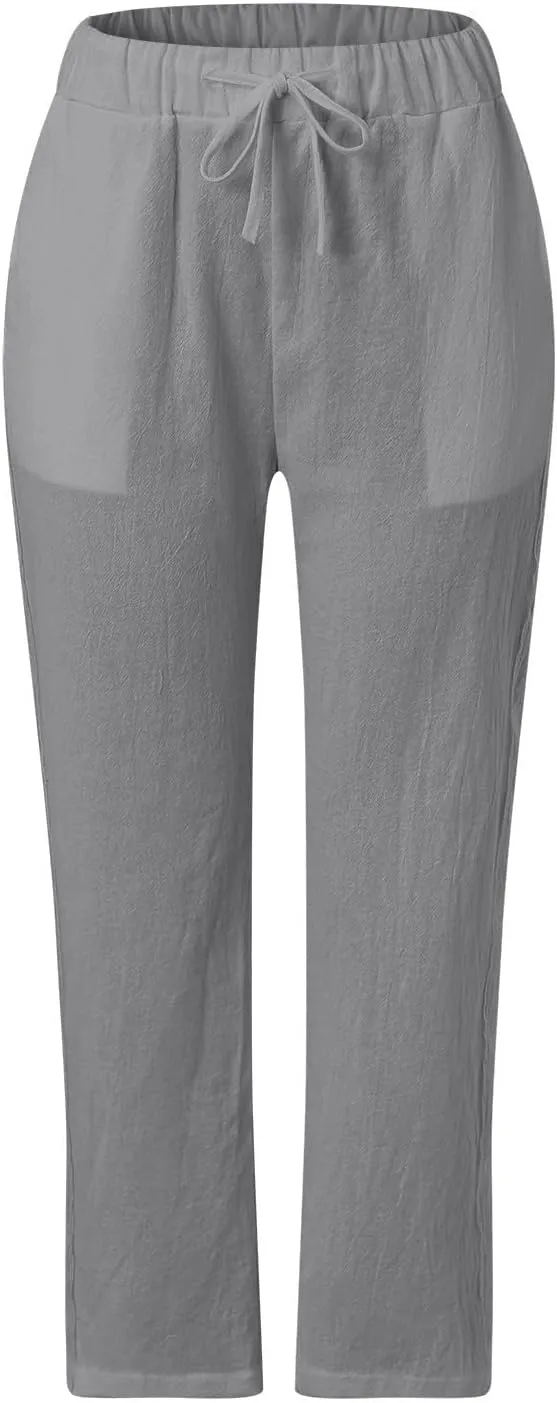 Womens Pants, Straight Leg Linen Casual Pants Print Peasant Elastic Waisted Cotton
