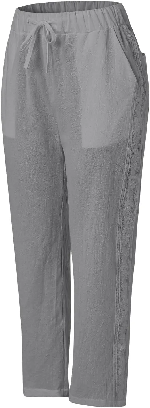 Womens Pants, Straight Leg Linen Casual Pants Print Peasant Elastic Waisted Cotton