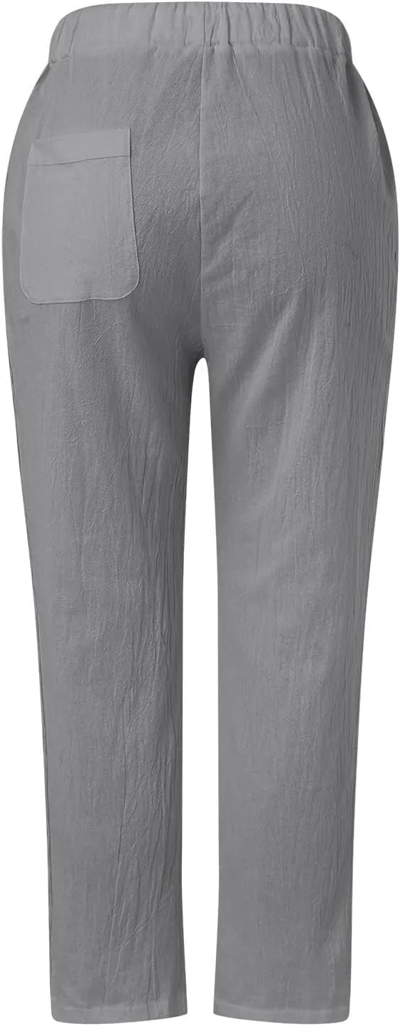 Womens Pants, Straight Leg Linen Casual Pants Print Peasant Elastic Waisted Cotton