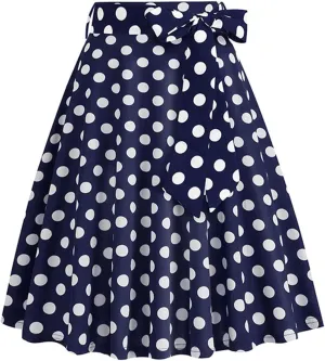 Women's Pleated Vintage Skirt Retro Polka Dots Bow Tie Waist A-line Midi Skirts Evening Party Dress 1950S Outfit