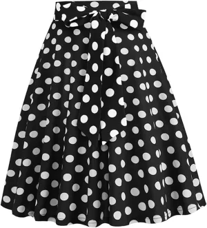 Women's Pleated Vintage Skirt Retro Polka Dots Bow Tie Waist A-line Midi Skirts Evening Party Dress 1950S Outfit