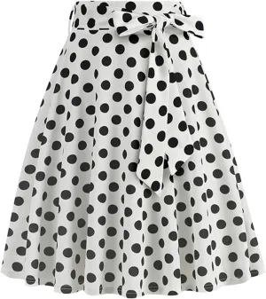 Women's Pleated Vintage Skirt Retro Polka Dots Bow Tie Waist A-line Midi Skirts Evening Party Dress 1950S Outfit