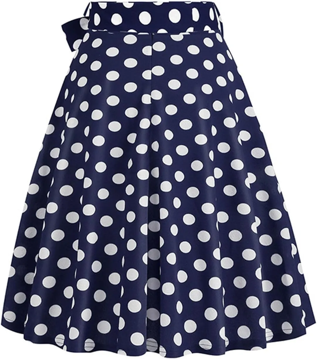 Women's Pleated Vintage Skirt Retro Polka Dots Bow Tie Waist A-line Midi Skirts Evening Party Dress 1950S Outfit