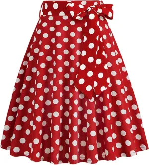 Women's Pleated Vintage Skirt Retro Polka Dots Bow Tie Waist A-line Midi Skirts Evening Party Dress 1950S Outfit