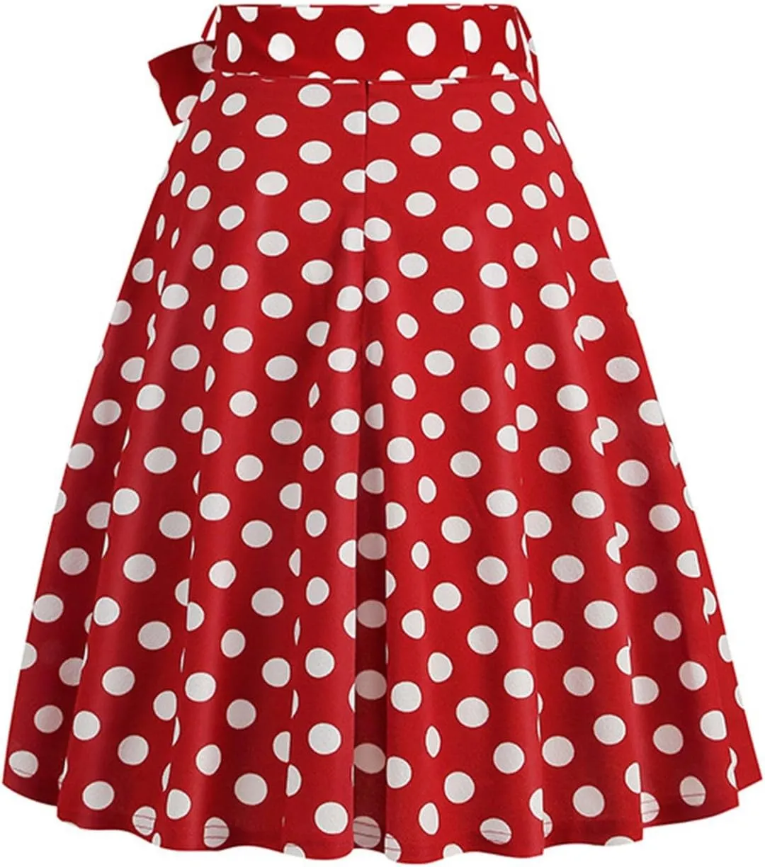 Women's Pleated Vintage Skirt Retro Polka Dots Bow Tie Waist A-line Midi Skirts Evening Party Dress 1950S Outfit
