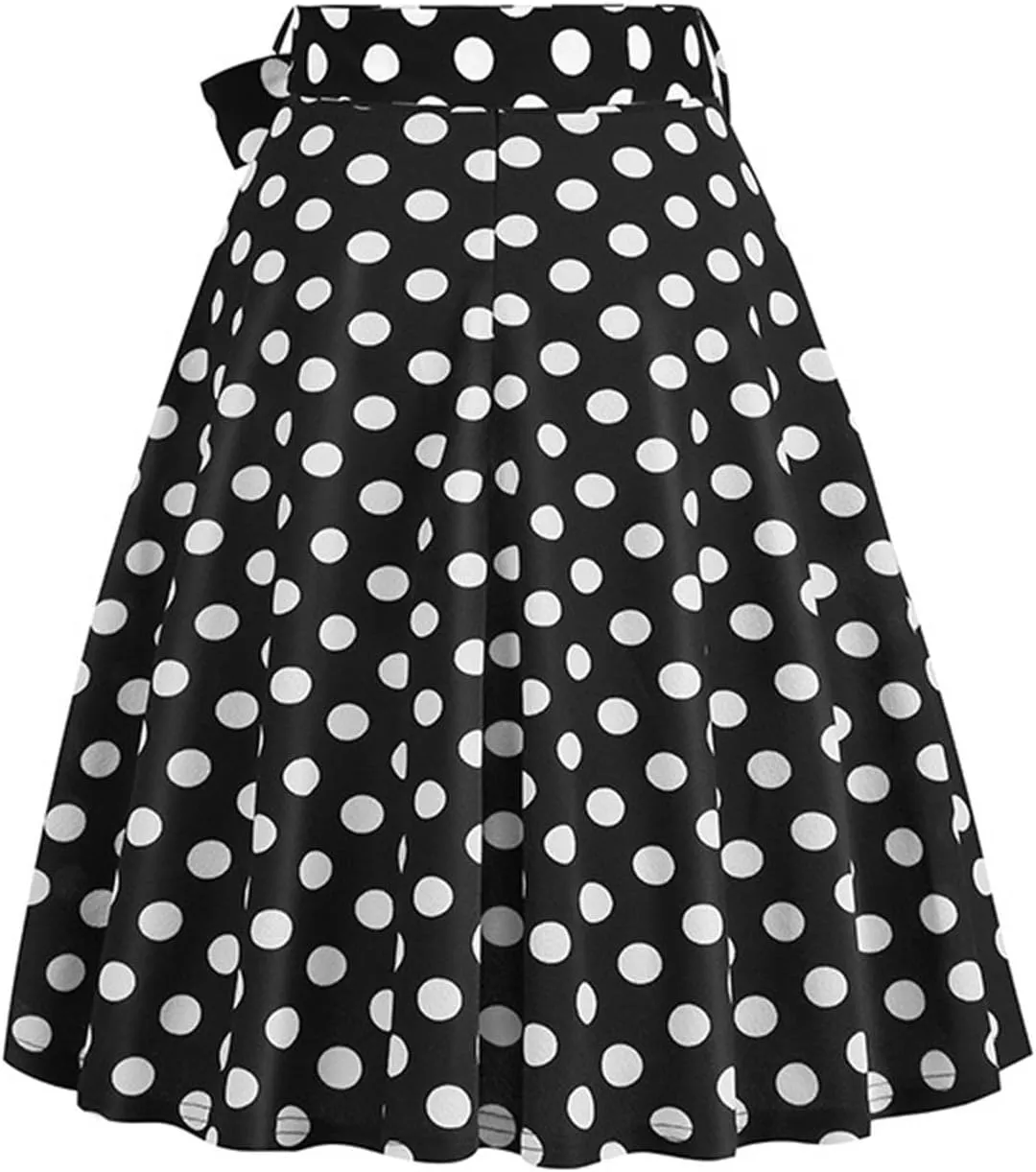 Women's Pleated Vintage Skirt Retro Polka Dots Bow Tie Waist A-line Midi Skirts Evening Party Dress 1950S Outfit