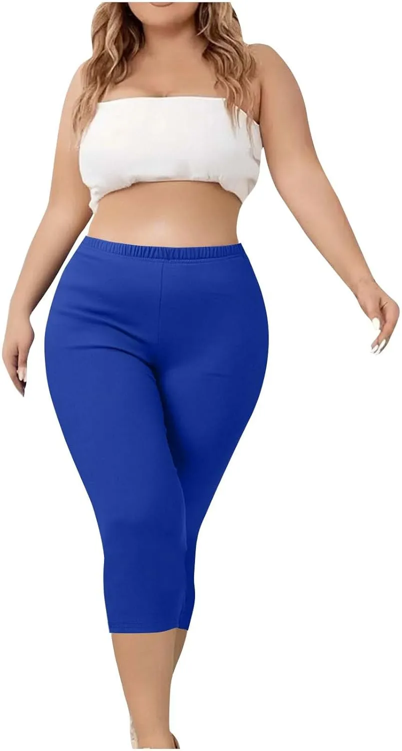 Womens Plus Size Capri Leggings Elastic High Waist Yoga Cropped Pants Tummy Control Oversized Capris Ladies Outfits