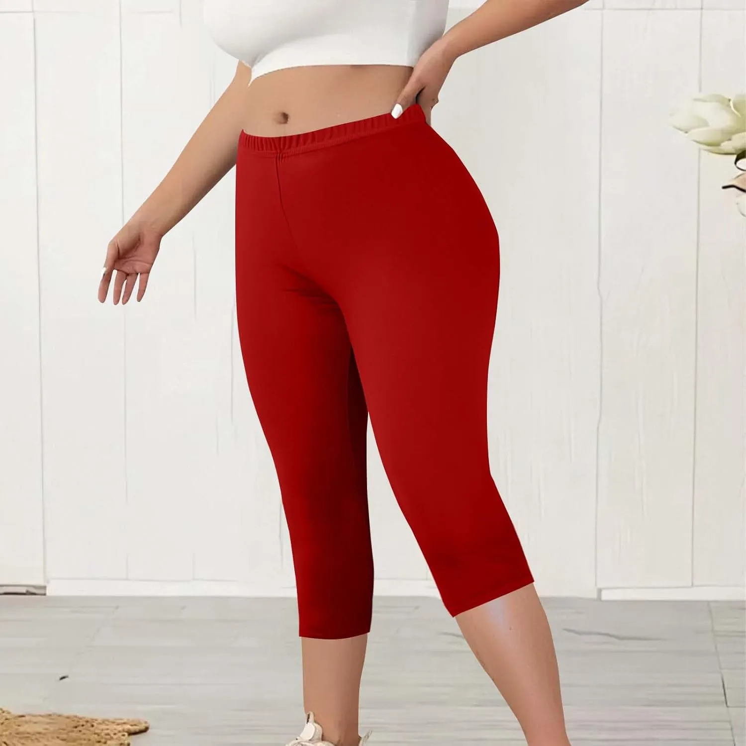 Womens Plus Size Capri Leggings Elastic High Waist Yoga Cropped Pants Tummy Control Oversized Capris Ladies Outfits