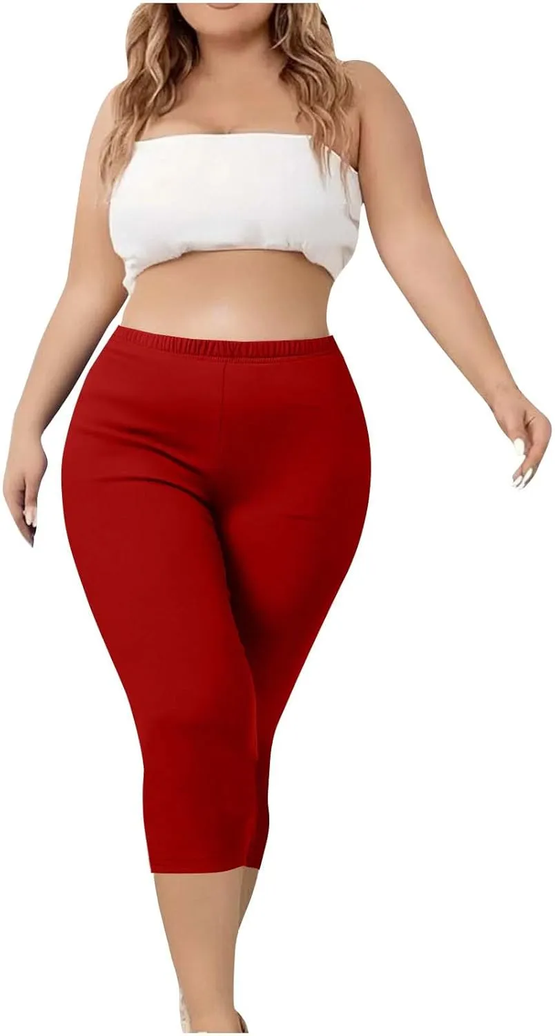 Womens Plus Size Capri Leggings Elastic High Waist Yoga Cropped Pants Tummy Control Oversized Capris Ladies Outfits