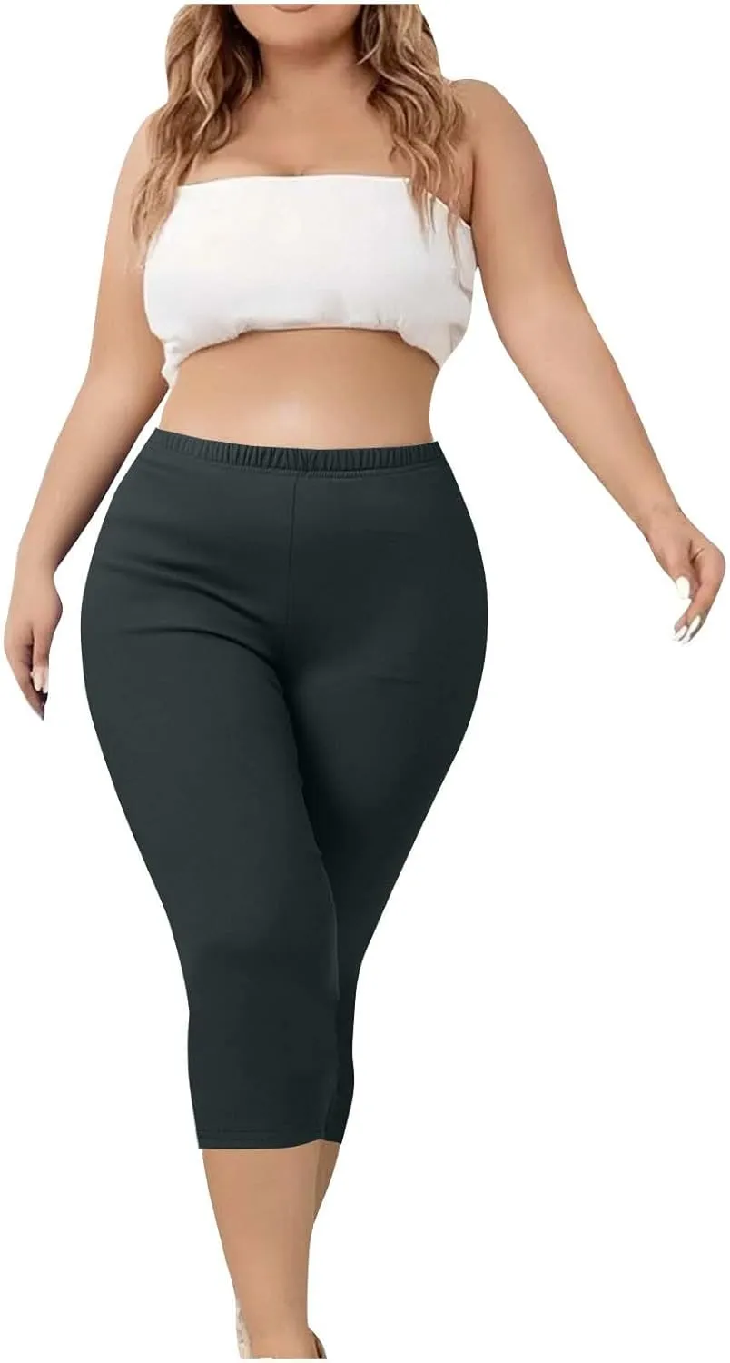 Womens Plus Size Capri Leggings Elastic High Waist Yoga Cropped Pants Tummy Control Oversized Capris Ladies Outfits