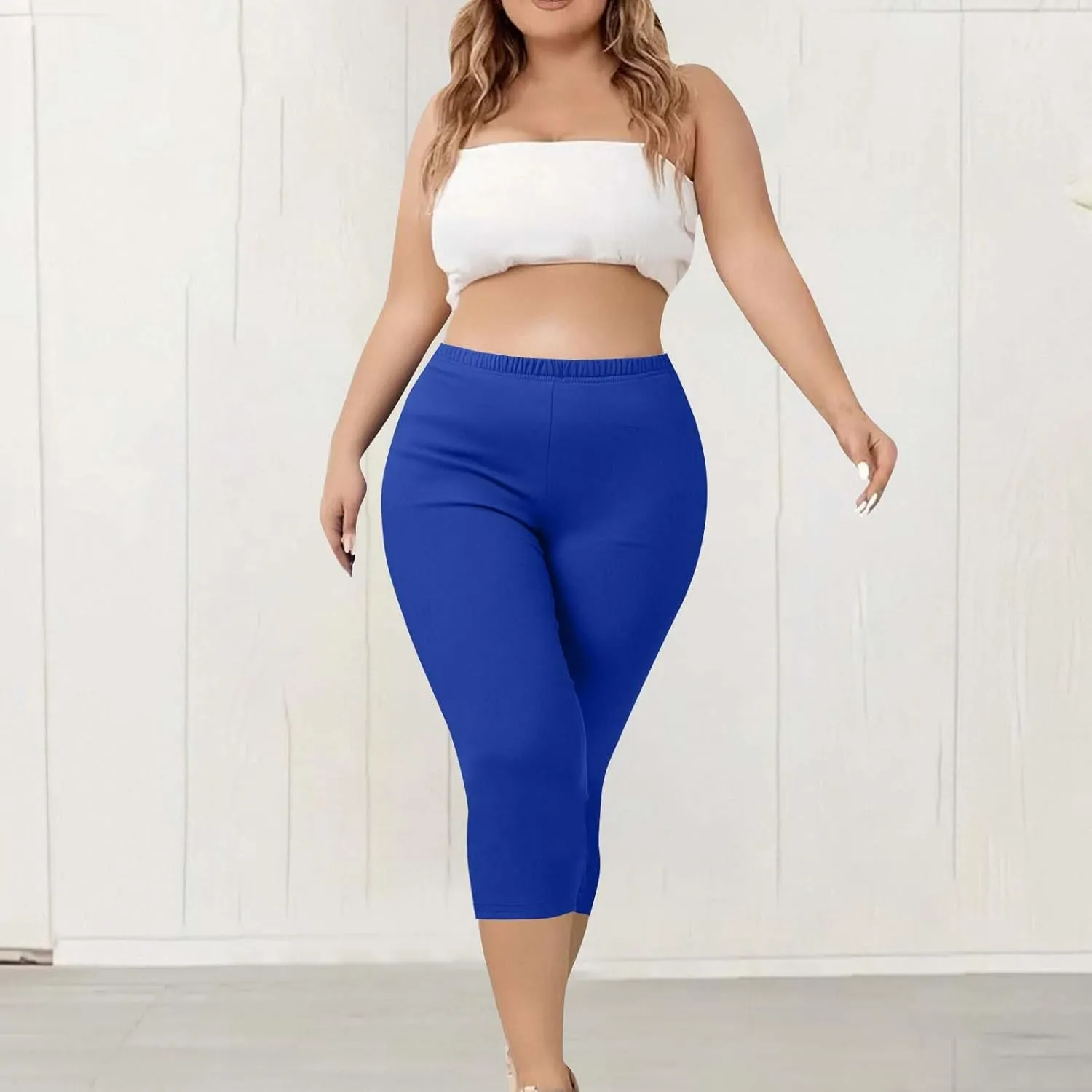 Womens Plus Size Capri Leggings Elastic High Waist Yoga Cropped Pants Tummy Control Oversized Capris Ladies Outfits