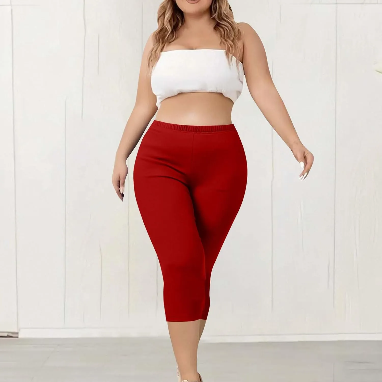 Womens Plus Size Capri Leggings Elastic High Waist Yoga Cropped Pants Tummy Control Oversized Capris Ladies Outfits