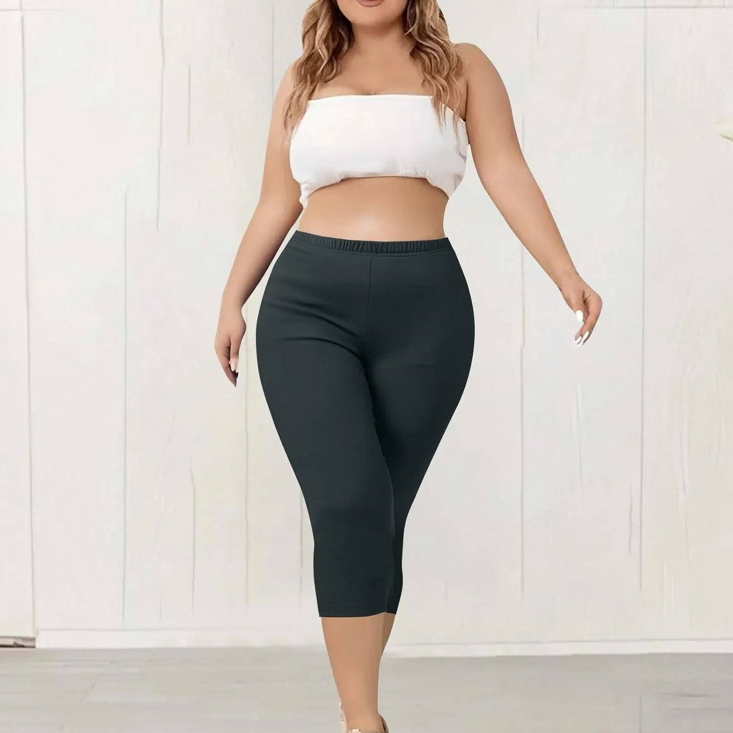 Womens Plus Size Capri Leggings Elastic High Waist Yoga Cropped Pants Tummy Control Oversized Capris Ladies Outfits