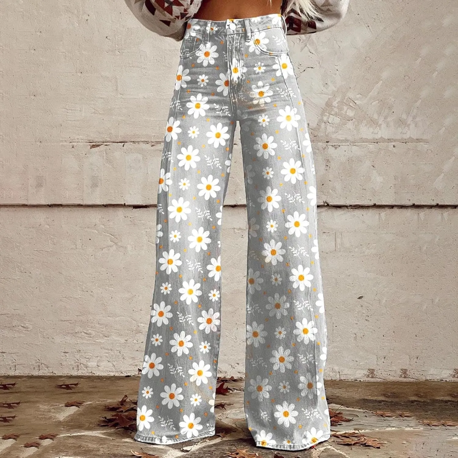 Women's Retro Y2K Jeans,Printed Wide Leg High Waist Vintage Pants,Pull On Baggy Casual Denim Pants Trousers