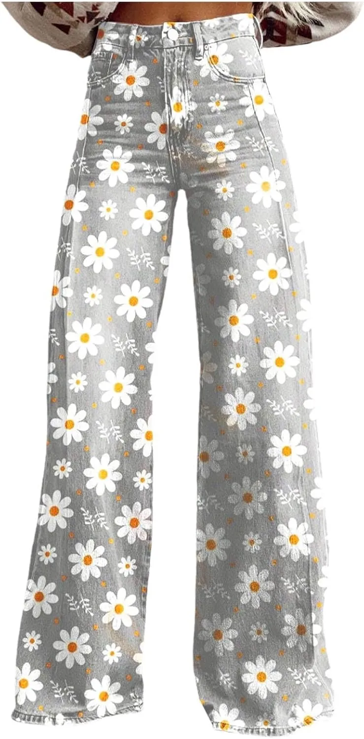 Women's Retro Y2K Jeans,Printed Wide Leg High Waist Vintage Pants,Pull On Baggy Casual Denim Pants Trousers
