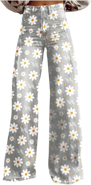 Women's Retro Y2K Jeans,Printed Wide Leg High Waist Vintage Pants,Pull On Baggy Casual Denim Pants Trousers