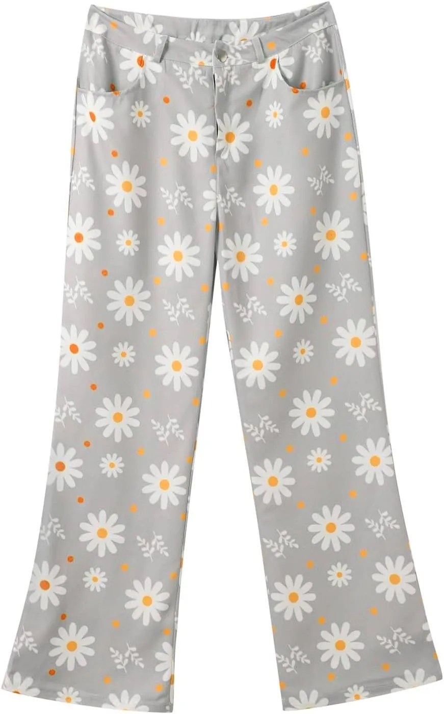 Women's Retro Y2K Jeans,Printed Wide Leg High Waist Vintage Pants,Pull On Baggy Casual Denim Pants Trousers