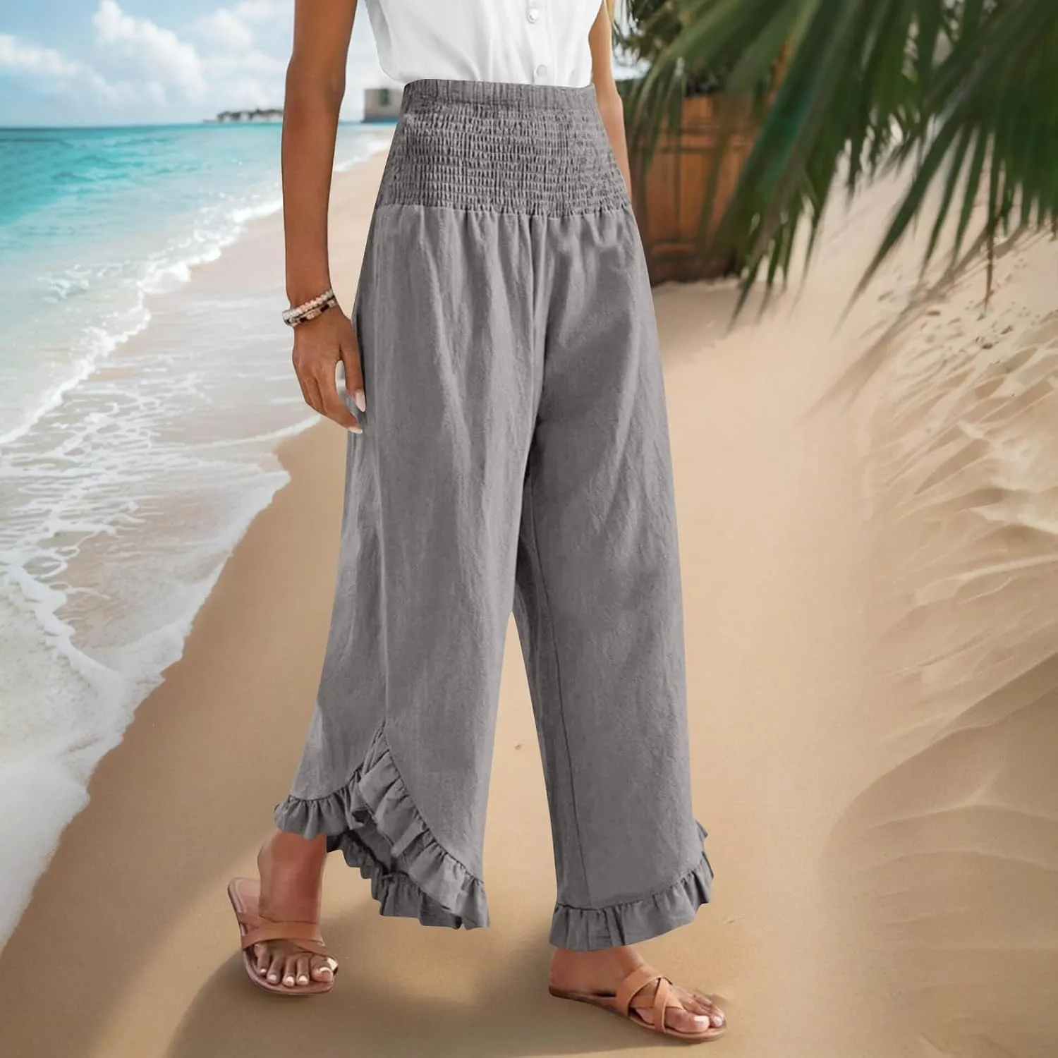 Womens Smocked Waist Ruffle Hem Palazzo Pants Boho Wide Leg Cotton Linen Trouser 2025 Fashion Casual Comfy Flowy Pants