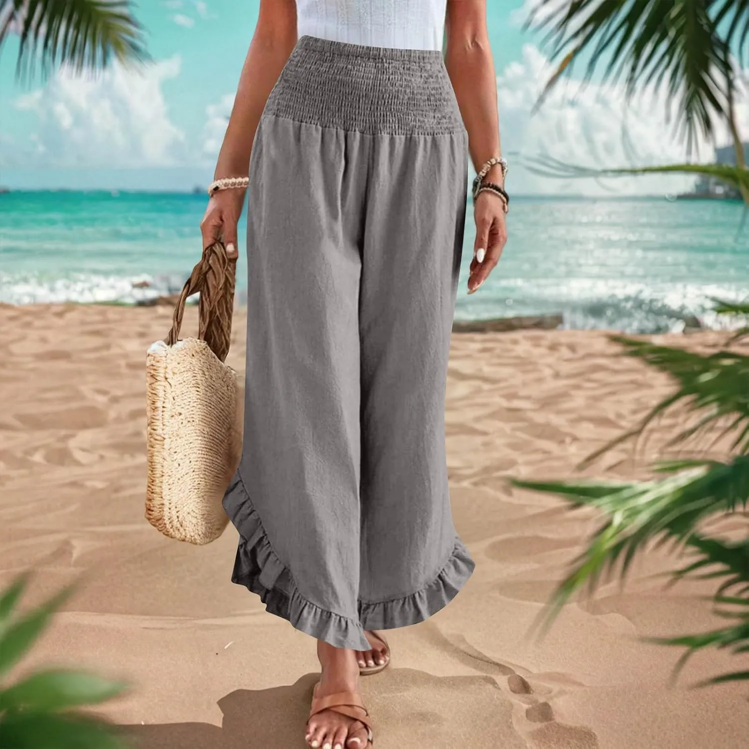 Womens Smocked Waist Ruffle Hem Palazzo Pants Boho Wide Leg Cotton Linen Trouser 2025 Fashion Casual Comfy Flowy Pants
