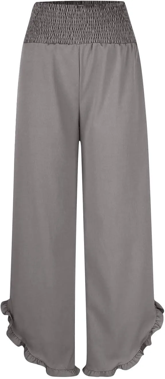 Womens Smocked Waist Ruffle Hem Palazzo Pants Boho Wide Leg Cotton Linen Trouser 2025 Fashion Casual Comfy Flowy Pants