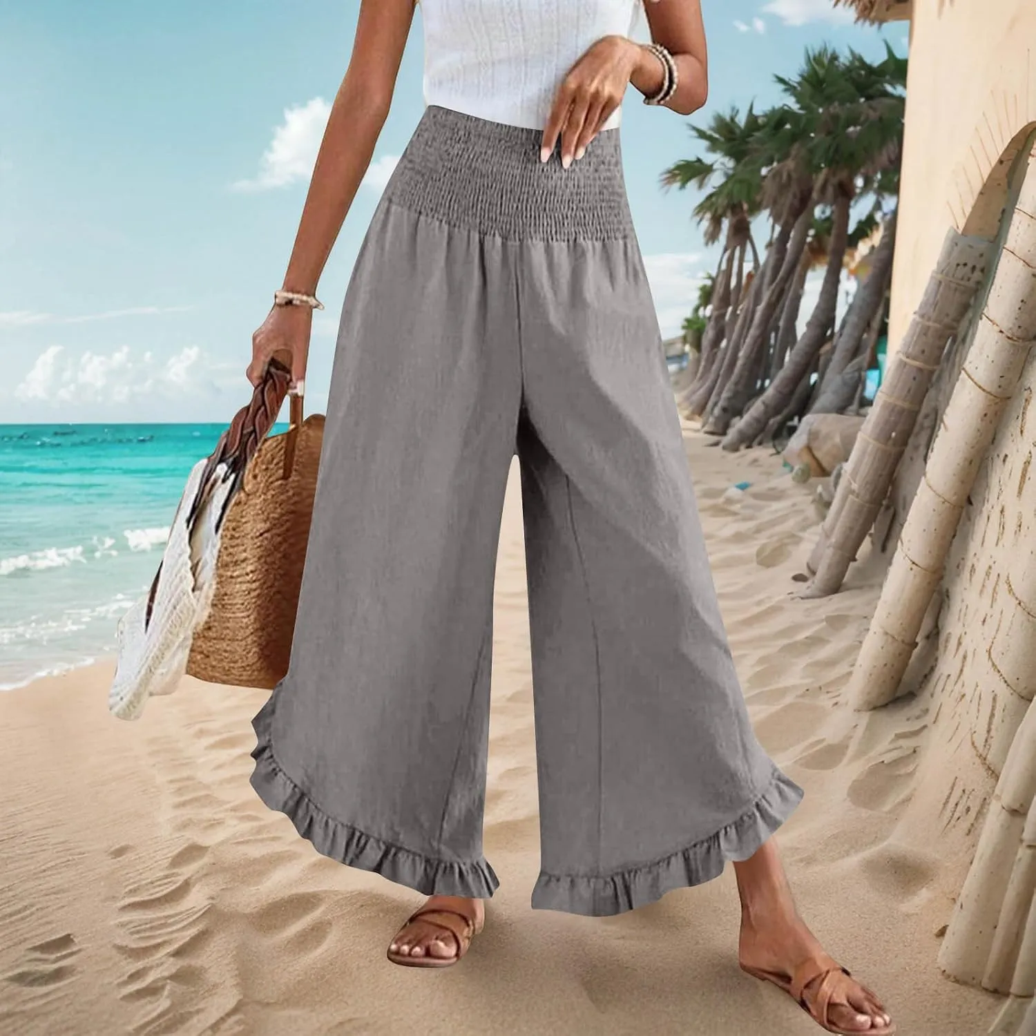 Womens Smocked Waist Ruffle Hem Palazzo Pants Boho Wide Leg Cotton Linen Trouser 2025 Fashion Casual Comfy Flowy Pants