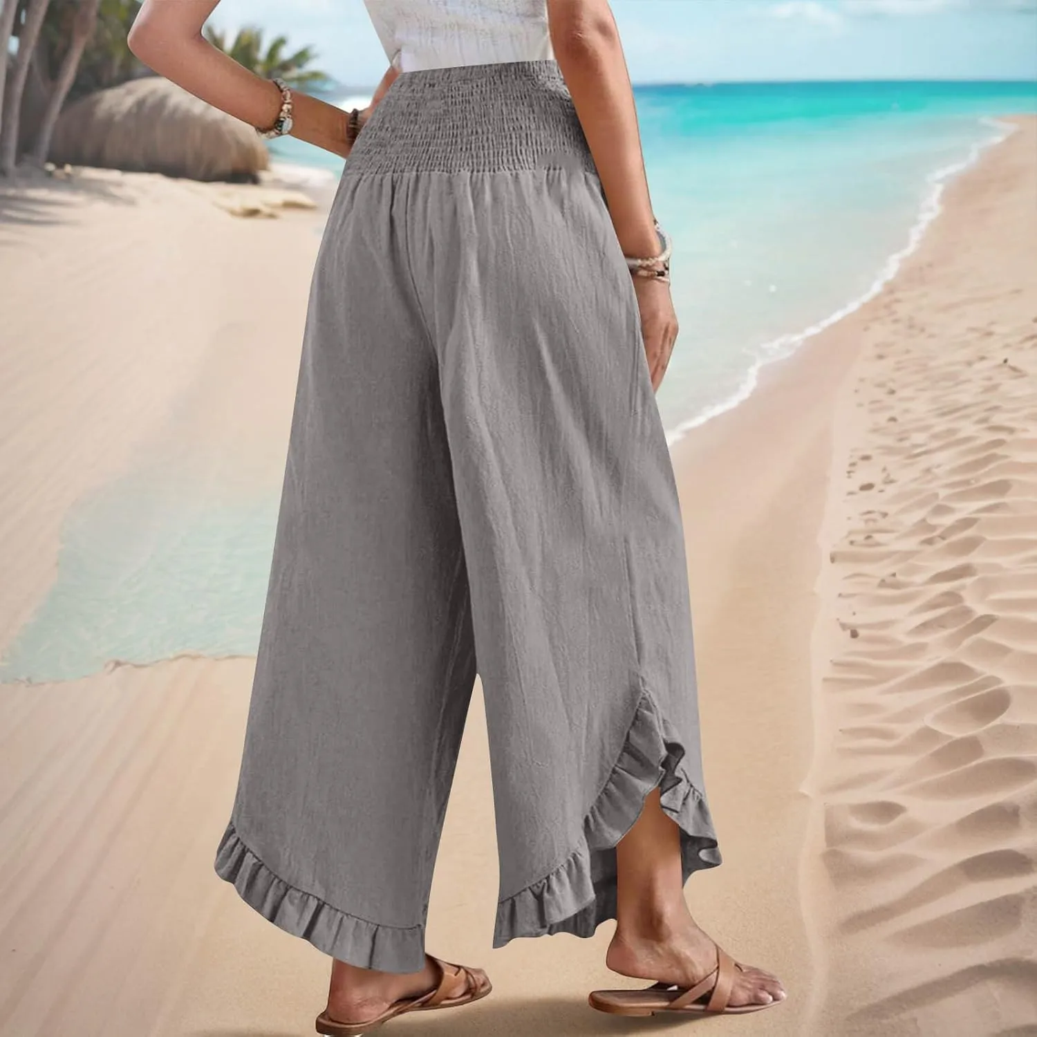 Womens Smocked Waist Ruffle Hem Palazzo Pants Boho Wide Leg Cotton Linen Trouser 2025 Fashion Casual Comfy Flowy Pants