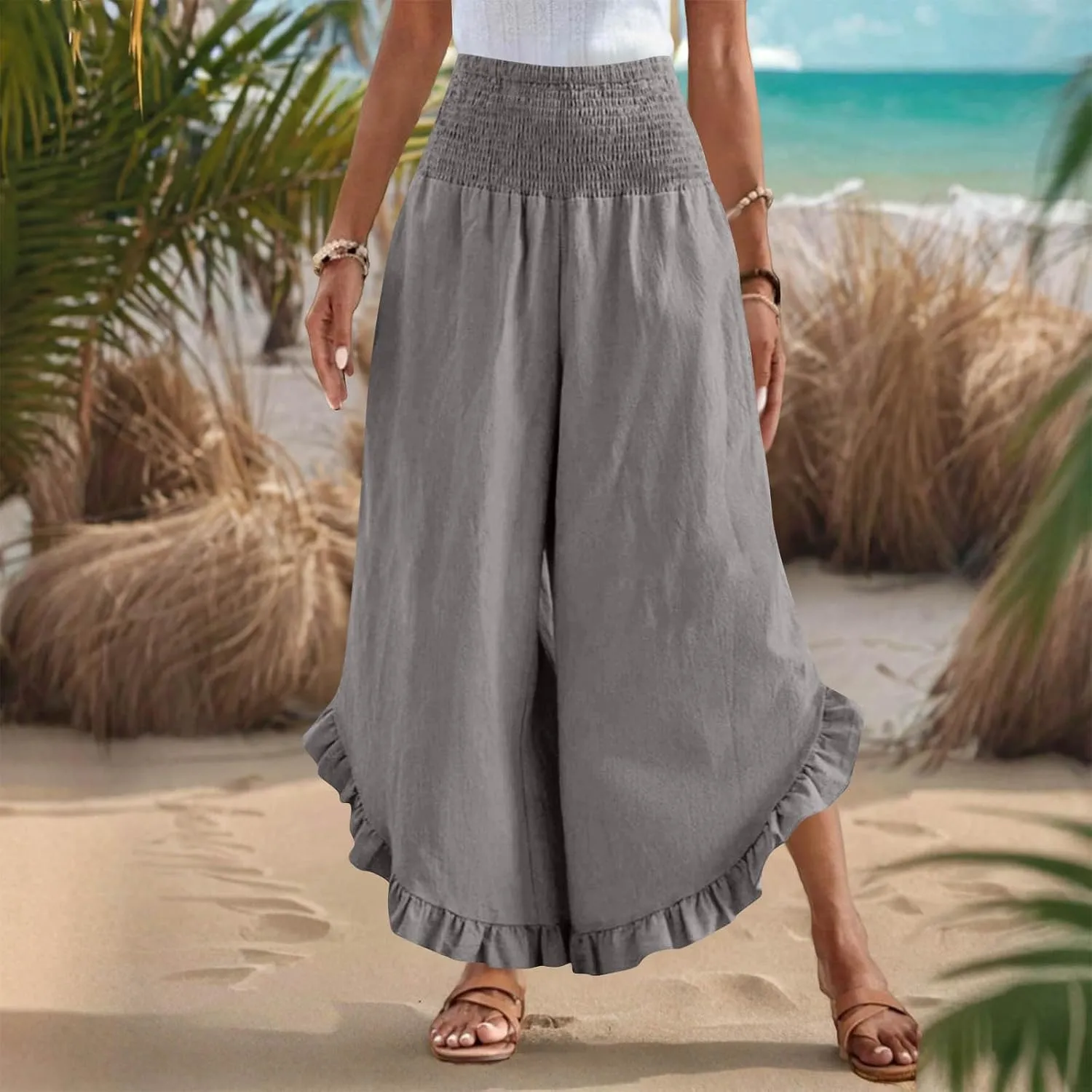 Womens Smocked Waist Ruffle Hem Palazzo Pants Boho Wide Leg Cotton Linen Trouser 2025 Fashion Casual Comfy Flowy Pants