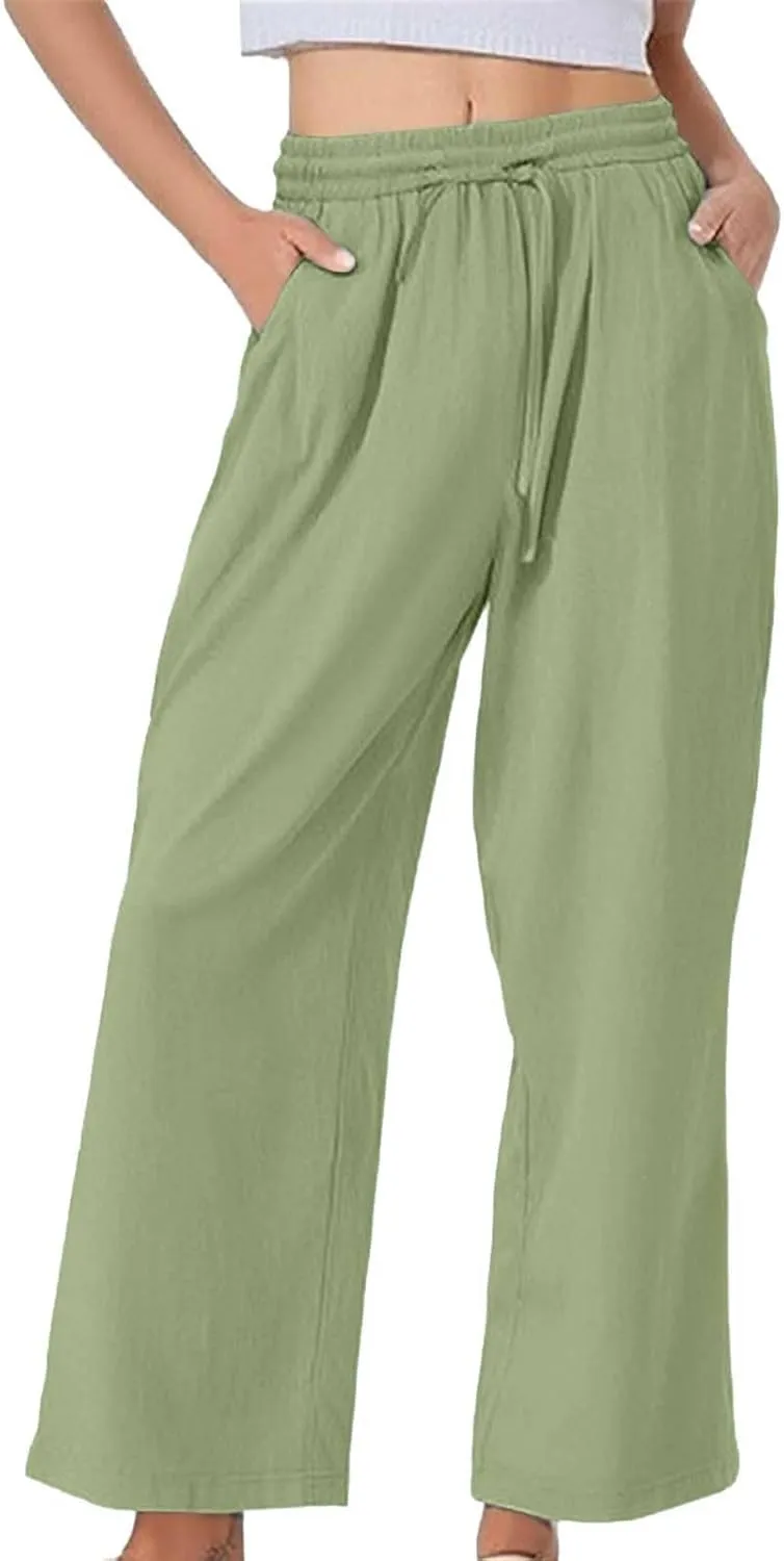 Women's Summer Drawstring Waist Leg Pants Casual Baggy Elastic Waistband with Pockets Fashionable Pants Flowy Wide