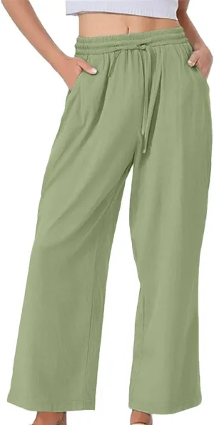 Women's Summer Drawstring Waist Leg Pants Casual Baggy Elastic Waistband with Pockets Fashionable Pants Flowy Wide