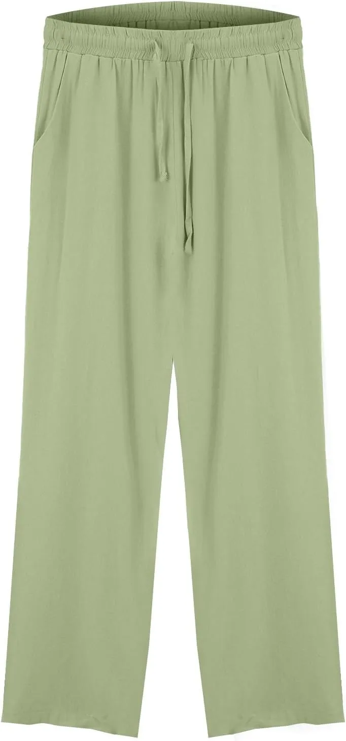 Women's Summer Drawstring Waist Leg Pants Casual Baggy Elastic Waistband with Pockets Fashionable Pants Flowy Wide