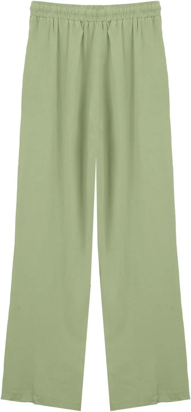 Women's Summer Drawstring Waist Leg Pants Casual Baggy Elastic Waistband with Pockets Fashionable Pants Flowy Wide