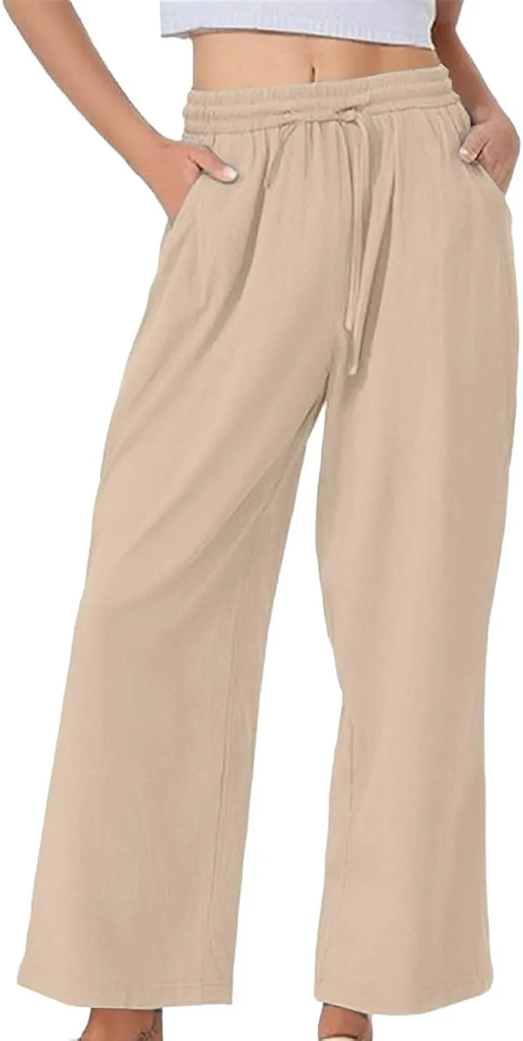 Women's Summer Drawstring Waist Leg Pants Casual Baggy Elastic Waistband with Pockets Fashionable Pants Flowy Wide