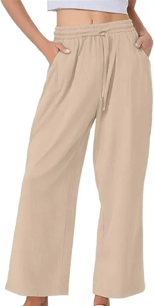 Women's Summer Drawstring Waist Leg Pants Casual Baggy Elastic Waistband with Pockets Fashionable Pants Flowy Wide