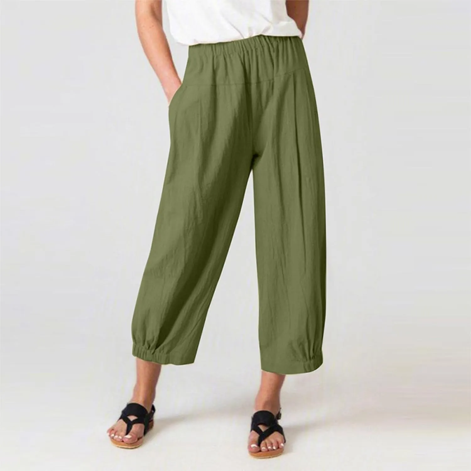 Women's Summer High Waisted Baggy Harem Pants Casual Drawstring Ankle Length Baggy Trousers Slacks with Pockets