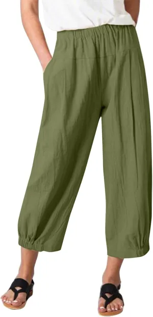 Women's Summer High Waisted Baggy Harem Pants Casual Drawstring Ankle Length Baggy Trousers Slacks with Pockets