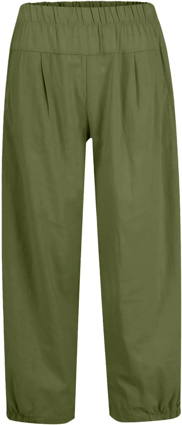 Women's Summer High Waisted Baggy Harem Pants Casual Drawstring Ankle Length Baggy Trousers Slacks with Pockets