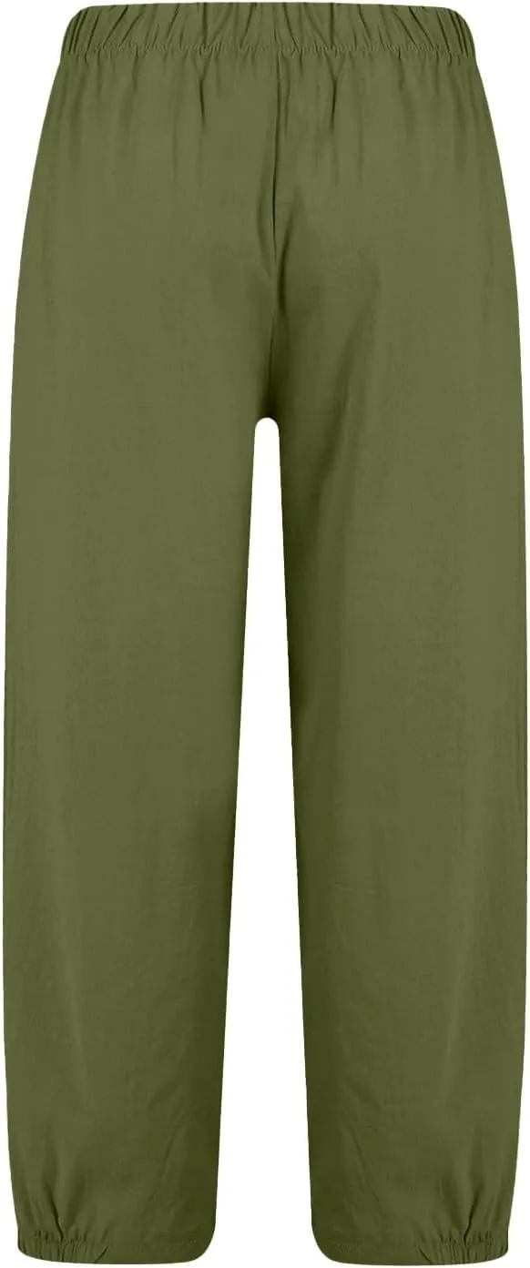 Women's Summer High Waisted Baggy Harem Pants Casual Drawstring Ankle Length Baggy Trousers Slacks with Pockets