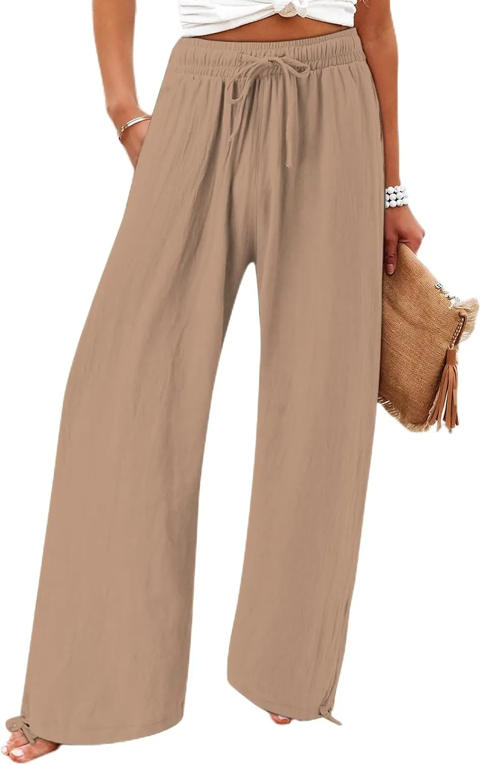 Women's Summer High Waisted Cotton Linen Palazzo Pants Wide Leg Long Lounge Pocked Pants Baggy Drawstring Trousers