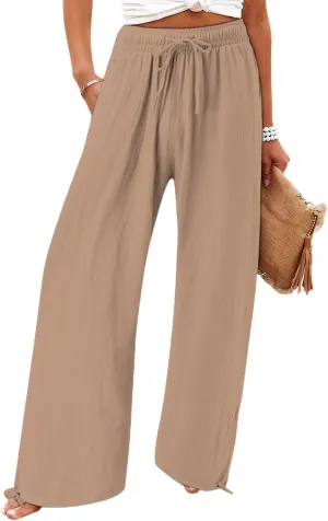 Women's Summer High Waisted Cotton Linen Palazzo Pants Wide Leg Long Lounge Pocked Pants Baggy Drawstring Trousers