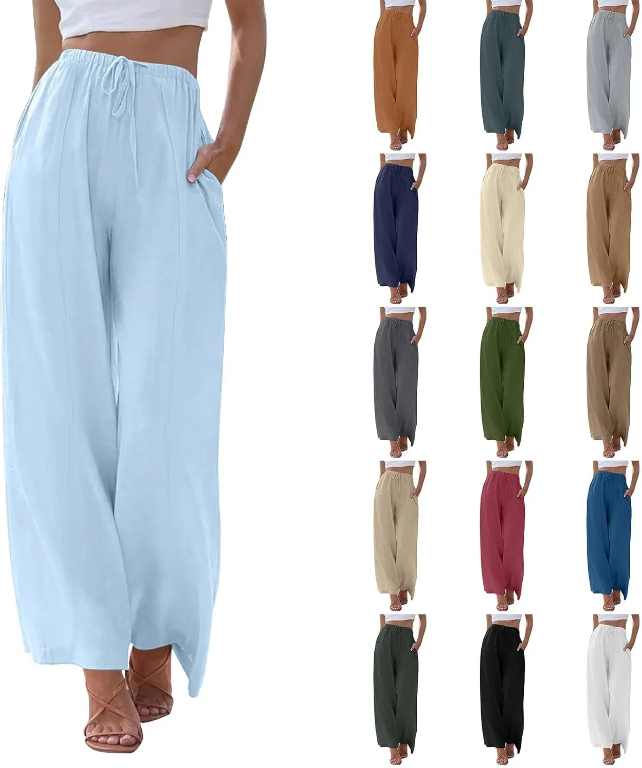 Womens Summer Palazzo Linen Pants Casual Loose High Waist Wide Leg Pant Boho Flowy Beach Vacation Lounge Trousers