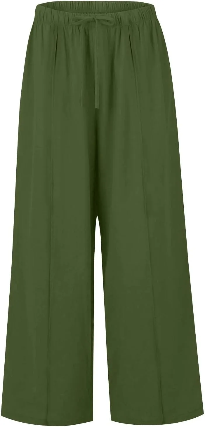 Womens Summer Palazzo Linen Pants Casual Loose High Waist Wide Leg Pant Boho Flowy Beach Vacation Lounge Trousers