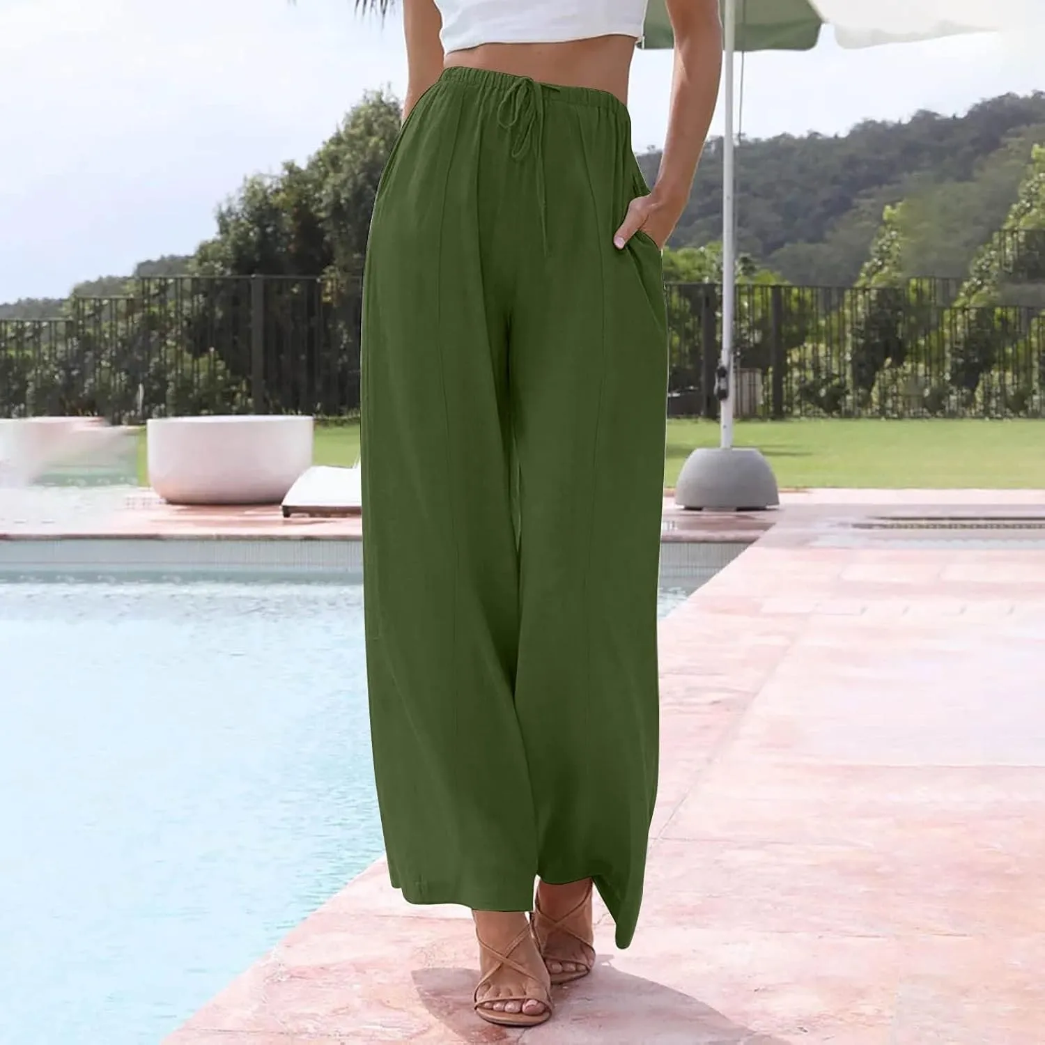Womens Summer Palazzo Linen Pants Casual Loose High Waist Wide Leg Pant Boho Flowy Beach Vacation Lounge Trousers