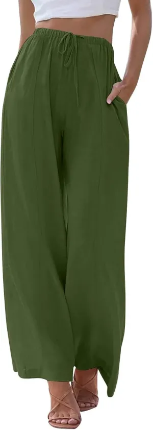 Womens Summer Palazzo Linen Pants Casual Loose High Waist Wide Leg Pant Boho Flowy Beach Vacation Lounge Trousers