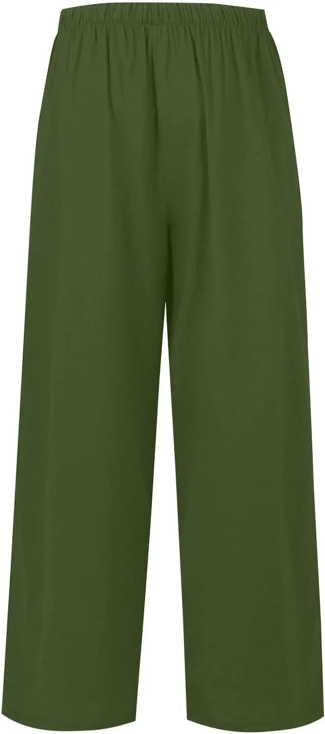 Womens Summer Palazzo Linen Pants Casual Loose High Waist Wide Leg Pant Boho Flowy Beach Vacation Lounge Trousers