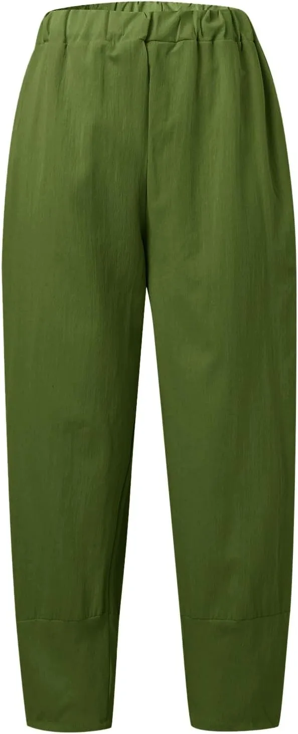 Women's Summer Pants Linen Casual High Waist Workout Wide Leg Straight Leg Baggy Trendy Yoga Lounge Trousers Pockets